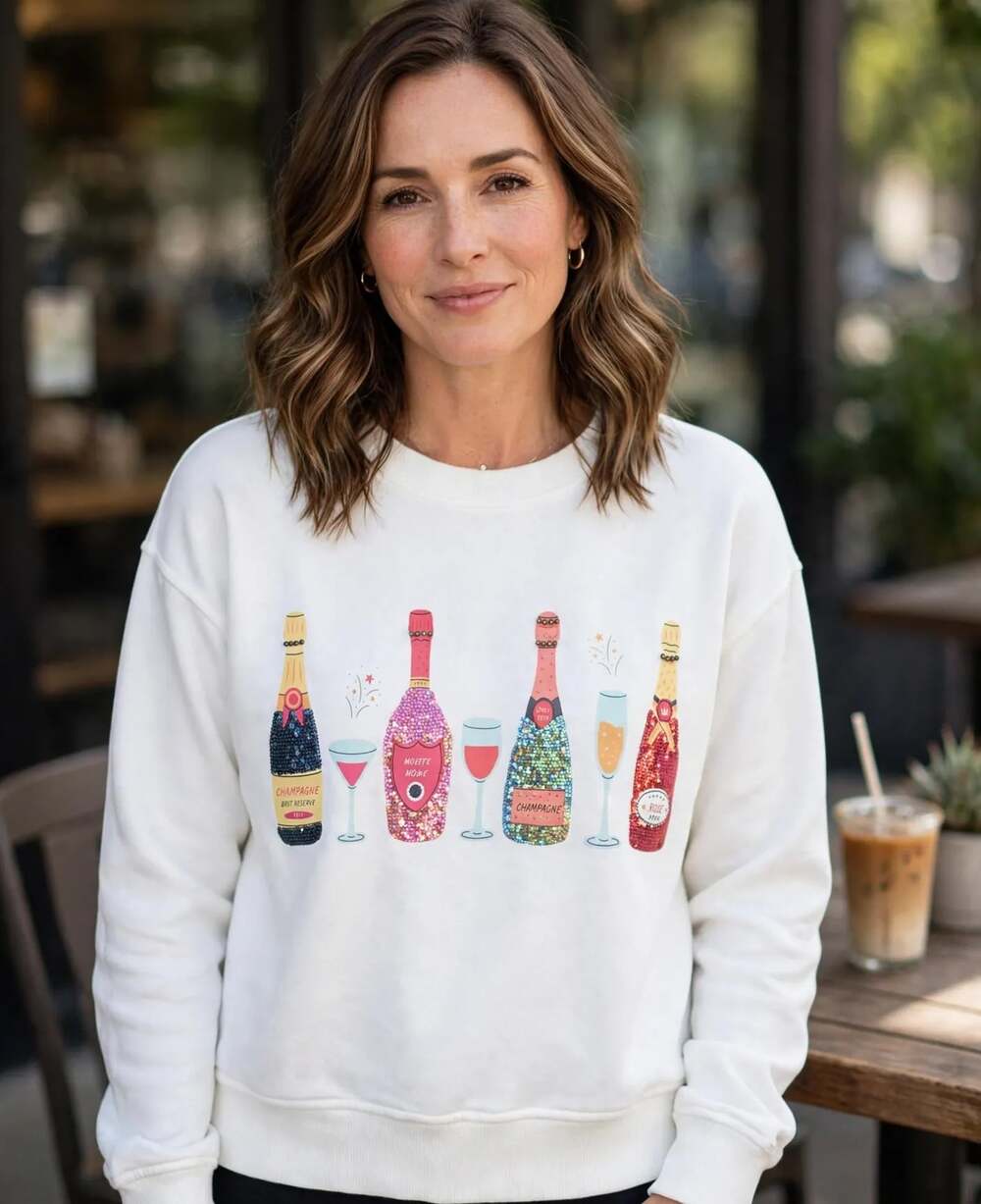 Women's White Crewneck Sweatshirt with Sequin Champagne Bottles Graphic